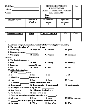 Đề kiểm tra học kì I môn Tiếng Anh Lớp 7 - Năm học 2018-2019 (Có đáp án)